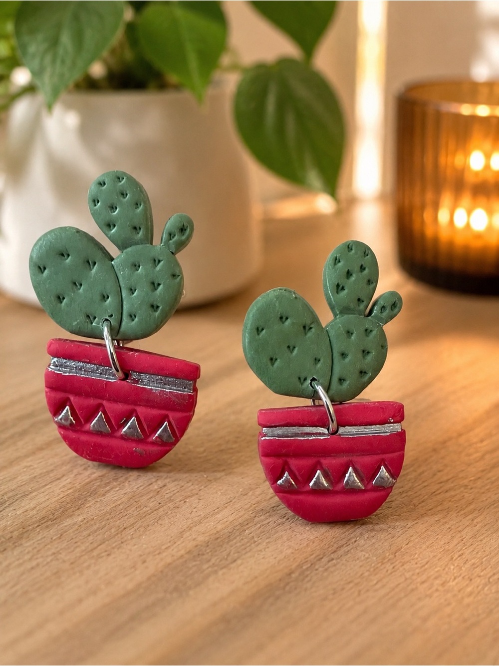 Green Cactus & Pink Pot Handmade Polymer Clay Earrings - Cute Accessories